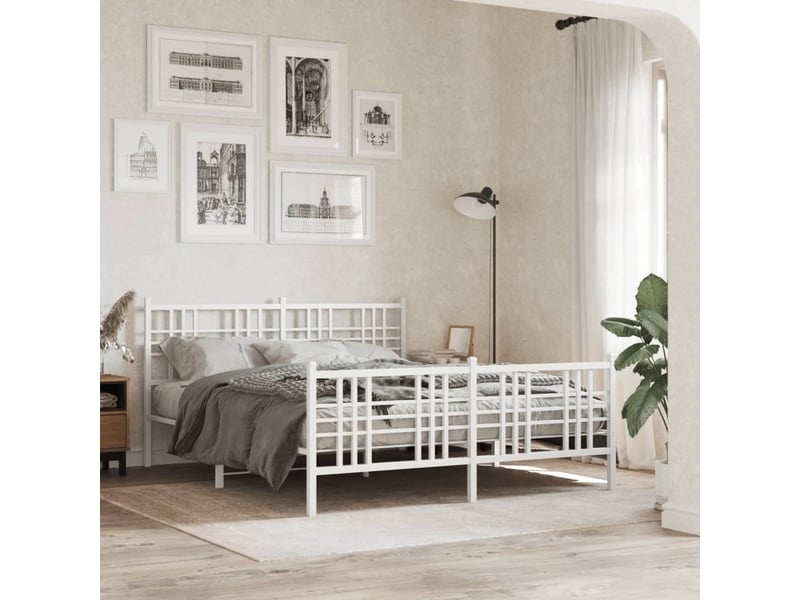  Lit adulte, lit double, cadre de lit métal sans matelas et pied de lit blanc 150x200cm cf9704  - Conforama B