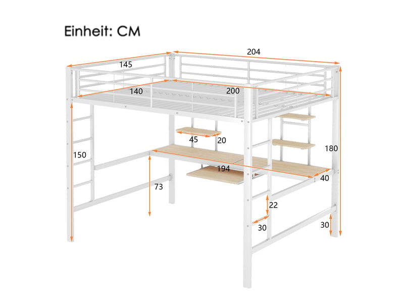  Lit mezzanine 140*200 cm, blanc, structure métal, bureau, deux étagères, sécurité enfant solide, pour chambre  - Conforama B