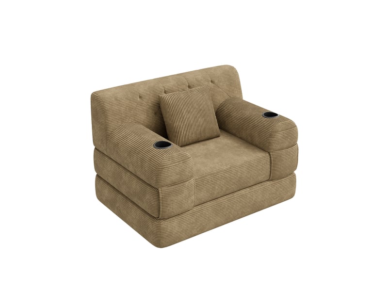  Canapé convertible compressé 1 place en velours côtelé beige, 4 poches et 2 porte-gobelets  - Conforama A
