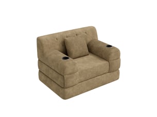 Canapé convertible compressé 1 place en velours côtelé beige, 4 poches et 2 porte-gobelets