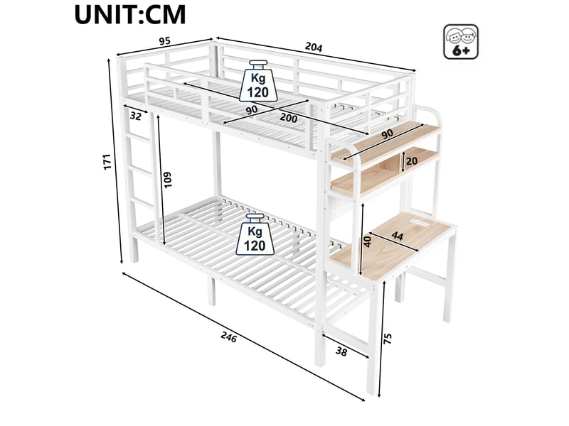  Lit superposé modenvie 90 x 200 cm avec bureau, étagères, led et port usb en métal et mdf noir et blanc  - Conforama C