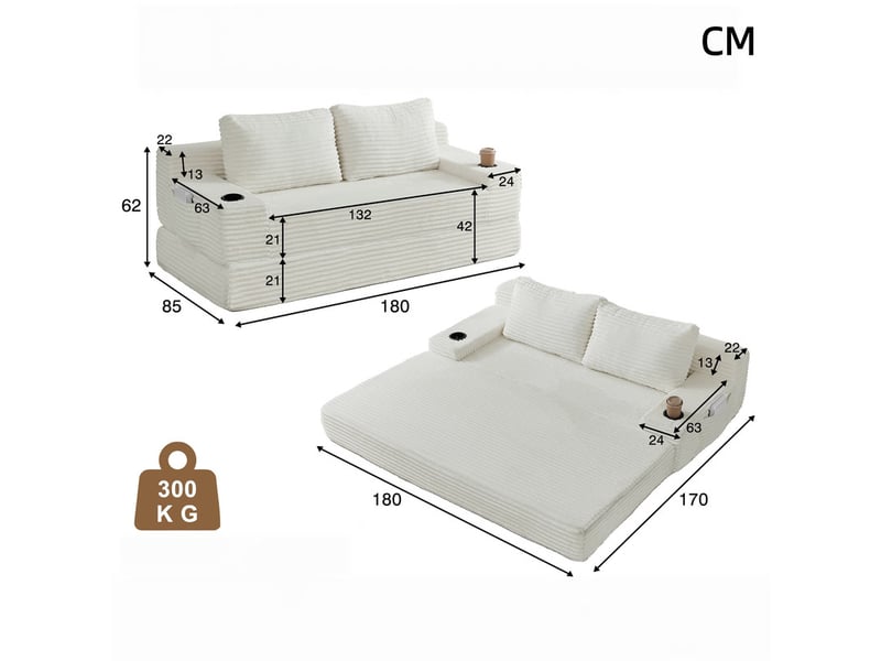  Canapé droit 2-en-1 en tissu côtelé, 2 coussins déco, porte-boissons et poches, 62x180x85 cm, beige  - Conforama C