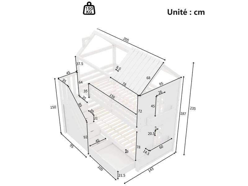  Lit superposé 90x200 cm - lit enfant avec rangement, escalier et tiroirs - sans matelas - blanc  - Conforama C