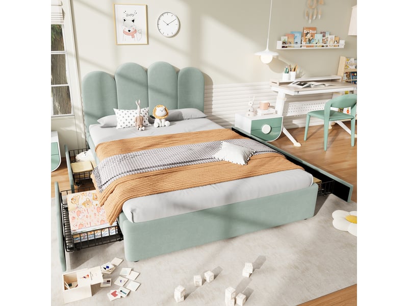  Lit double 140x200 cm avec 4 tiroirs de rangement, lit rembourré en velours, tête de lit arquée, structure basse, espace de rangement - vert  - Conforama B