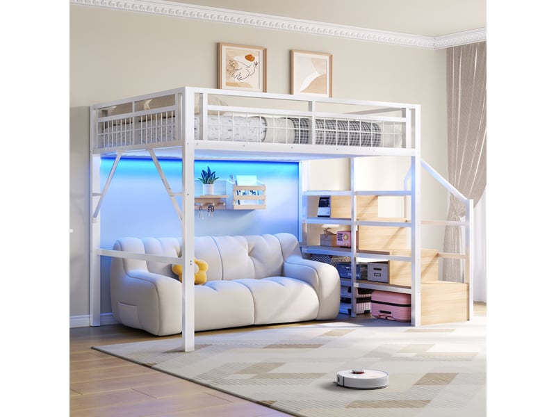 Lit mezzanine enfant 140x200 cm en métal avec led, escalier avec rangement, espace libre sous le lit, blanc OMNIGLINT TRADING LTD - Conforama B