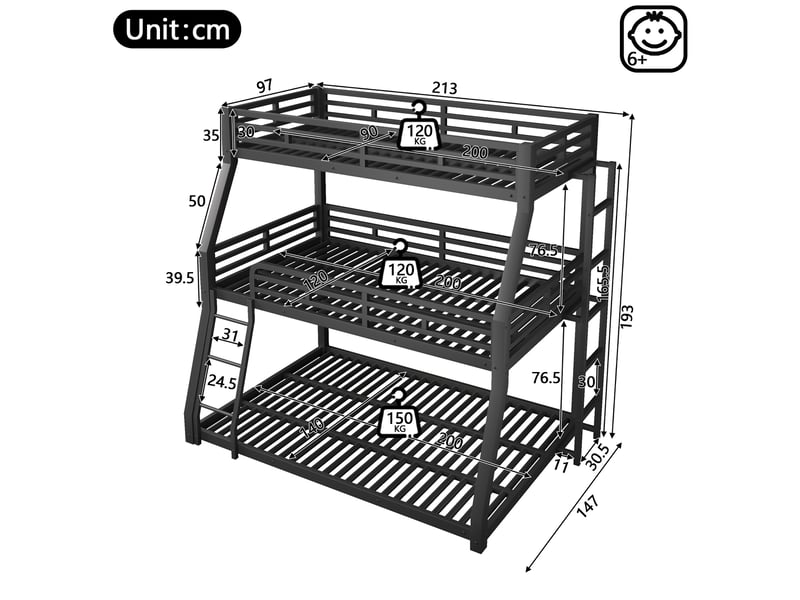  Lit superposé triple en métal 90x200 cm avec lits 120x200 et 140x200 cm, échelles sécurisées, cadre robuste pour enfants et adultes - noir  - Conforama C