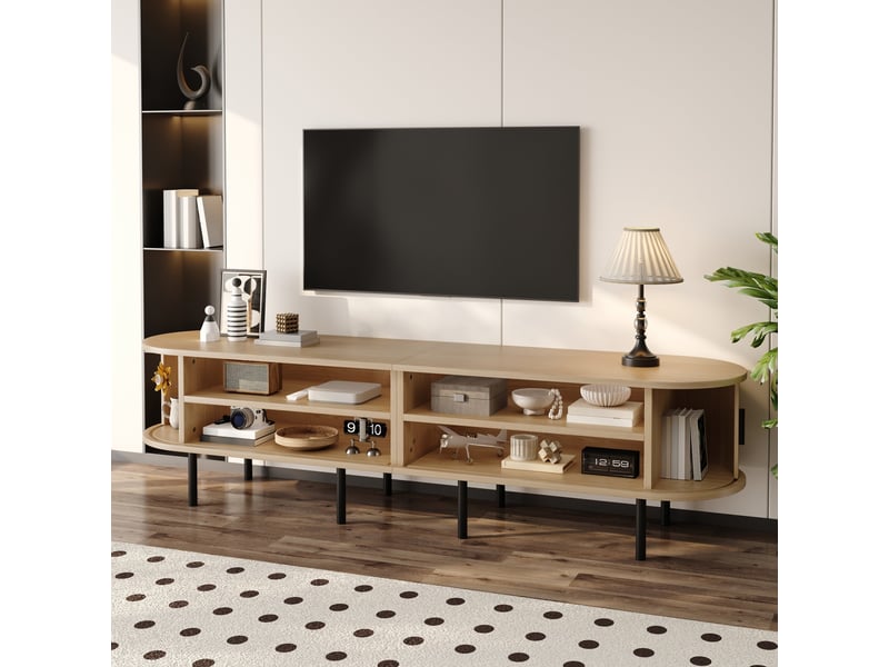  Meuble tv elliptique effet bois portes coulissantes rainurées 2 niches ouvertes pieds métal mdf passe-câbles salon moderne  - Conforama D
