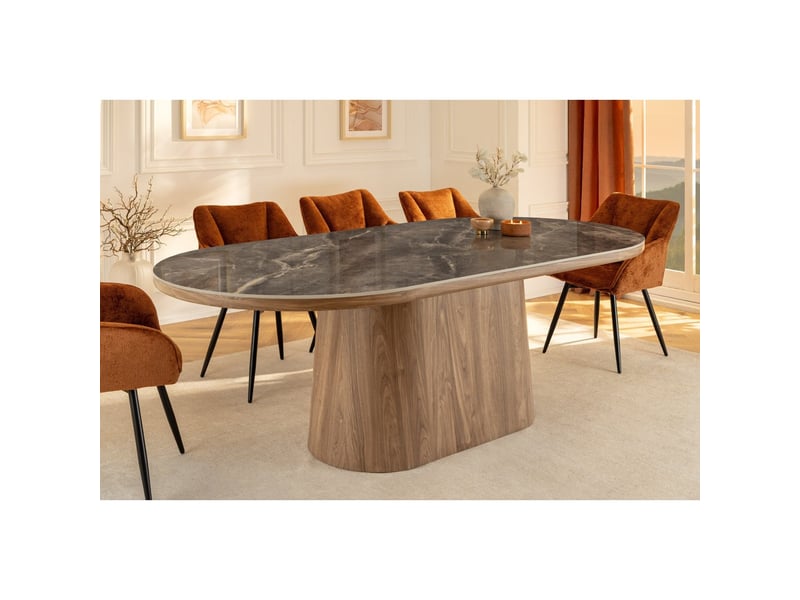  Table de salle à manger lumea – ovale 200 cm – effet marbre gris – pied large – style contemporain  - Conforama E