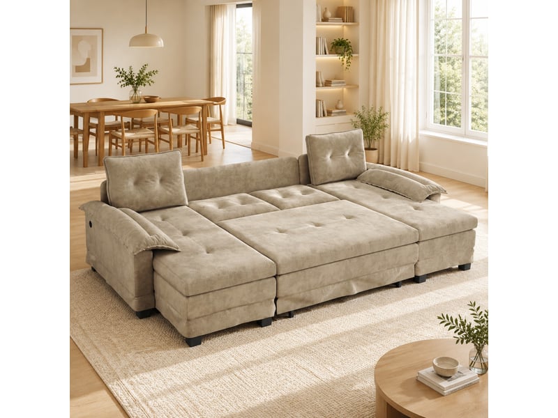 Canapé-lit modulable en u modenvie 4 places 278 x 127 cm convertible avec usb chenille kaki - Conforama D