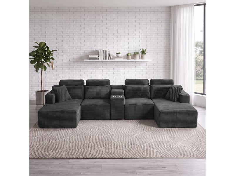 Canapé d’angle en u 6 places 372 x 151 x 80 cm, grand format modulable à assise moelleuse et porte-gobelets, mousse et velours côtelé, gris foncé OMNIGLINT TRADING LTD - Conforama C