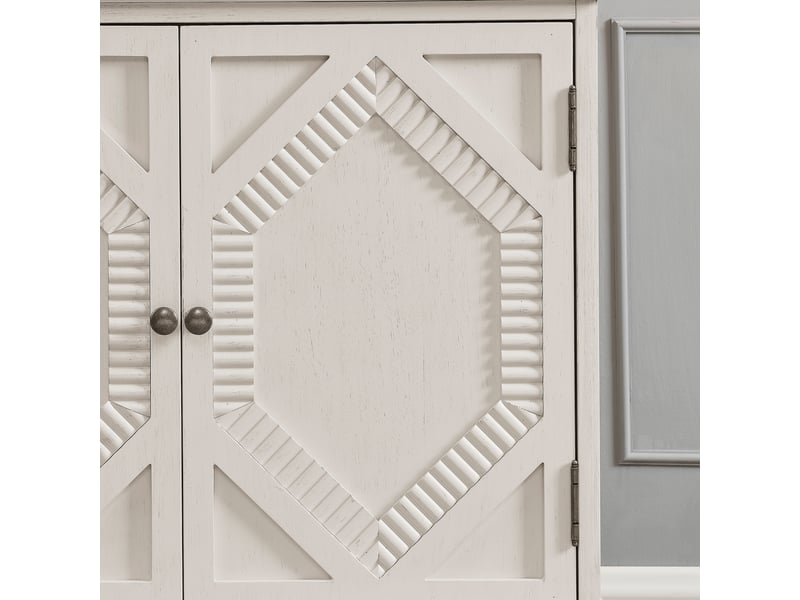  Buffet vitrine rétro 85,3x40 cm avec portes vitrées symétriques, rangement et détails géométriques, mdf et bois massif, blanc antique  - Conforama E