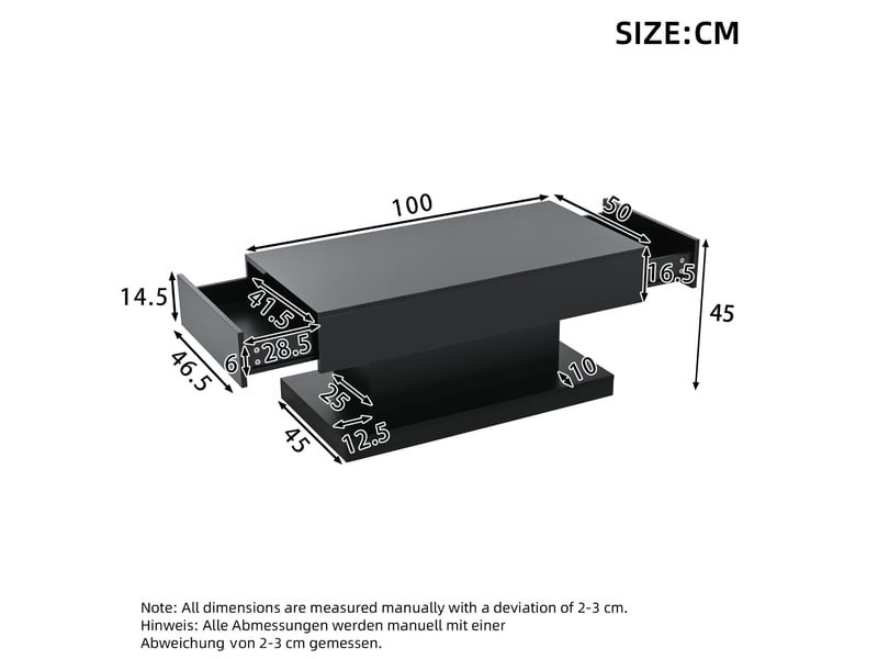  Table basse 100x50x45 cm avec éclairage led, 2 tiroirs, table d'appoint, salon, panneau de particules, noir brillant  - Conforama C