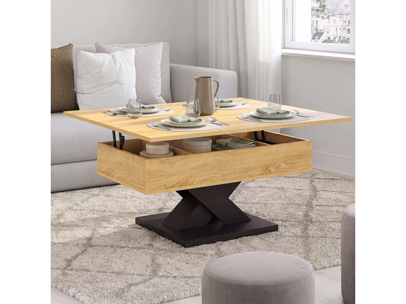 Table basse rectangulaire plateau relevable convertible en table à manger alicia 90 cm bois et pied noir - Conforama B