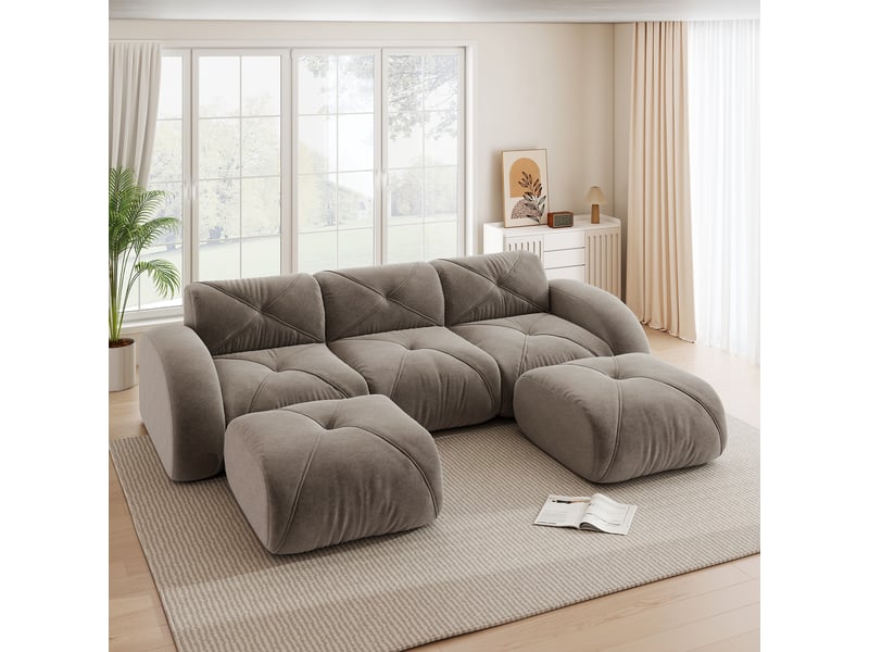 Canapé panoramique en u modulaire avec assises en mousse et 2 poufs, pour salon, en chenille taupe - Conforama D