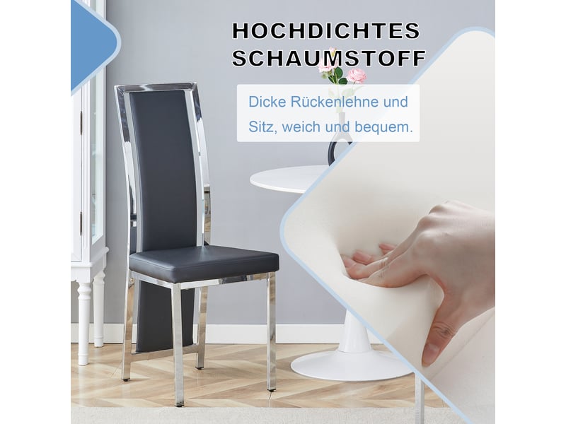 Lot de 4 chaises de salle à manger en cuir pu noir avec cadre métallique argenté, dossier haut 109 cm - Conforama D