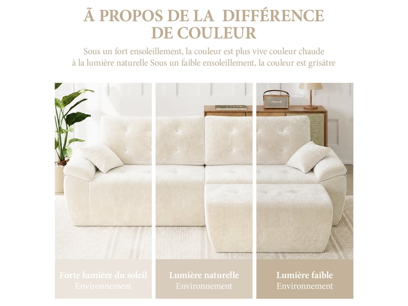  Canapé modulable en chenille beige mousse haute densité avec pouf,canapé salon 275cm style nuage confortable,compressé sans montage 275x174x66CM - Conforama R