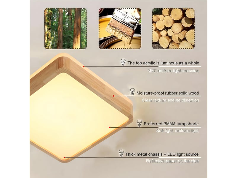  Plafonnier led en bois forme carré bois naturel à 360° 40x40cm  - Conforama E