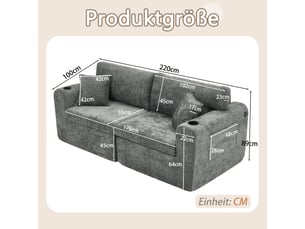 Canapé relax 2 places gris en chenille 220 × 100 × 89 cm, poche latérale, porte-gobelet, coussins et recharge usb