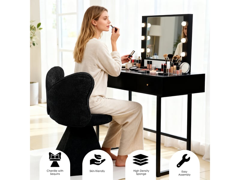 Fauteuil 46x45x76,2cm - chaise de coiffeuse pivotante 360° dossier papillon - avec paillettes et coussin nœud -chenille - noir  - Conforama D