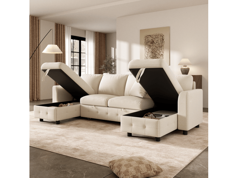  Canapé d'angle u convertible 260x128x82 cm, 2 coffres de rangement, 1 usb + 1 type-c, tissu chenille beige, 4 places  - Conforama D