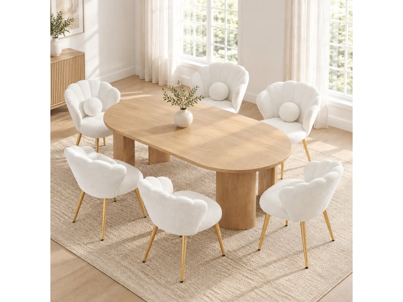 Lot de 6 chaises de salle à manger dossier coquillage en tissu teddy blanc, pieds dorés - Conforama C