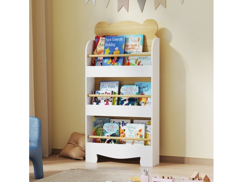  Bibliothèque enfant 55x15x110 cm – blanc – 3 niveaux avec barres de sécurité et design ours ludique  - Conforama B