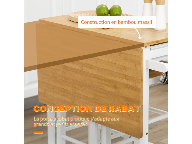  Ensemble table de bar pliable roulettes + 2 blanc tabourets et bois clair - 2 tiroirs et porte-torchons  - Conforama A