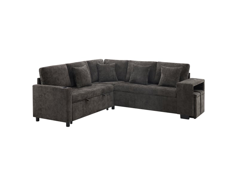 Canapé d'angle 220x205x86,5cm, espace de rangement, porte-gobelets, coussins, structure en bois, tissu chenille, gris - Conforama A