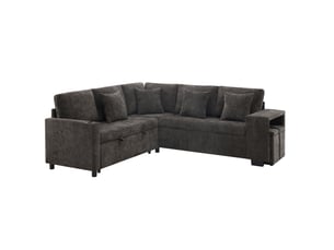 Canapé d'angle 220x205x86,5cm, espace de rangement, porte-gobelets, coussins, structure en bois, tissu chenille, gris