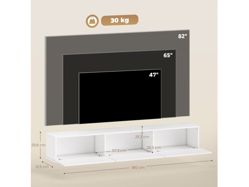  Meuble tv suspendu modenvie 180 x 31,5 x 29,8 cm 3 abattants rangement blanc  - Conforama C