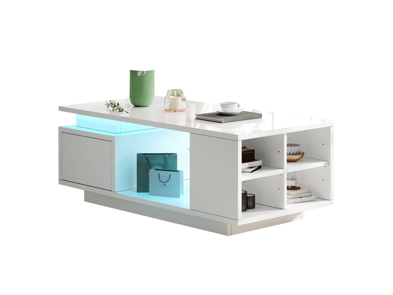  Table basse blanche brillante avec led app contrôle, table de salon 100x50x36 cm avec tiroir et rangements latéraux  - Conforama E