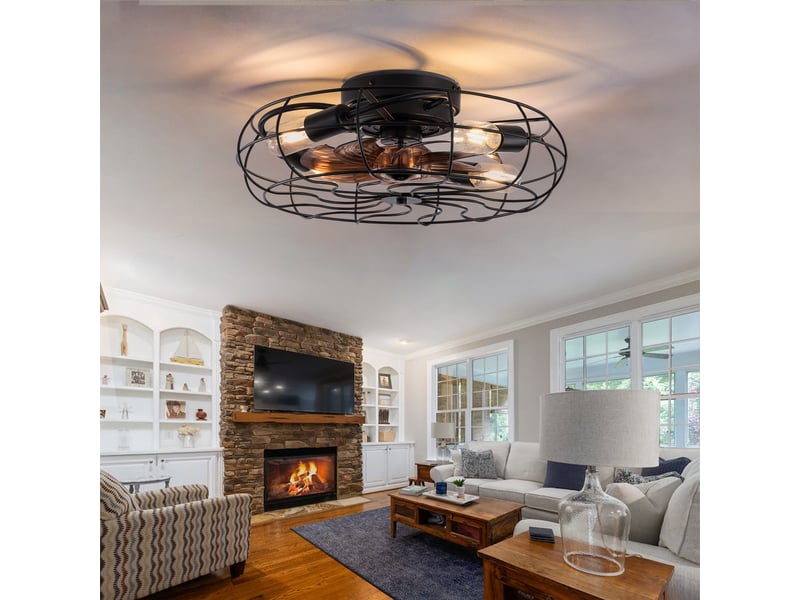  Ventilateur de plafond cage 19 avec lumière, moteur dc réversible 6 vitesses, noir et noyer foncé  - Conforama B