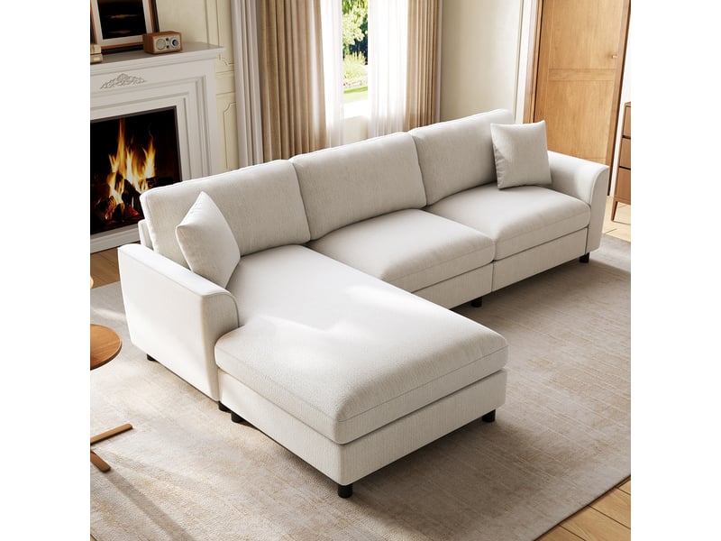 Canapé d’angle modulable en l 256 cm 3 places avec méridienne réversible extra-large 90 cm, accoudoirs courbés, ressorts ensachés, chenille beige - Conforama B