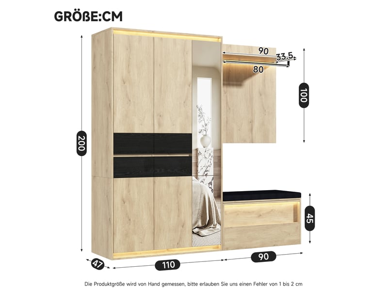  Ensemble armoire et vestiaire avec led et miroir 200x47x200 cm mdf anthracite et chêne  - Conforama C