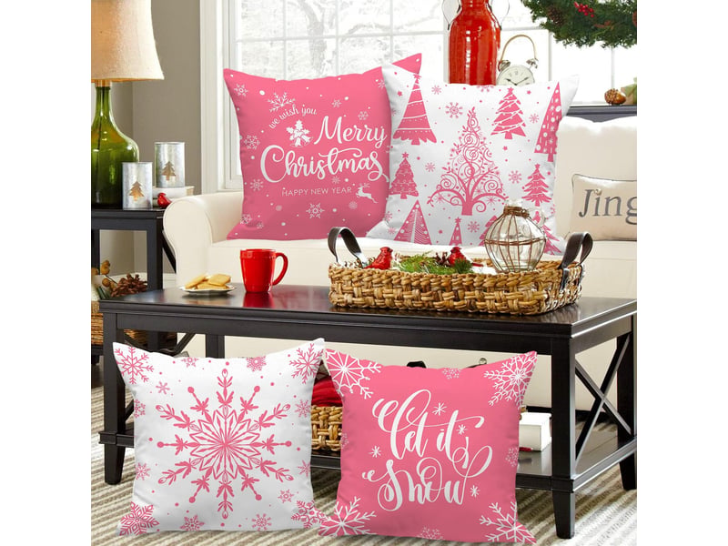  Lot de 4 housses de coussin de noël 45 x 45 cm, motif flocons de neige d'hiver, décoration de noël rose  - Conforama E