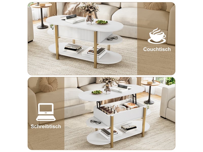  Table basse relevable 106x45x50 cm - plateau relevable avec coffre et 2 étagères de rangement - ovale - blanc  - Conforama B