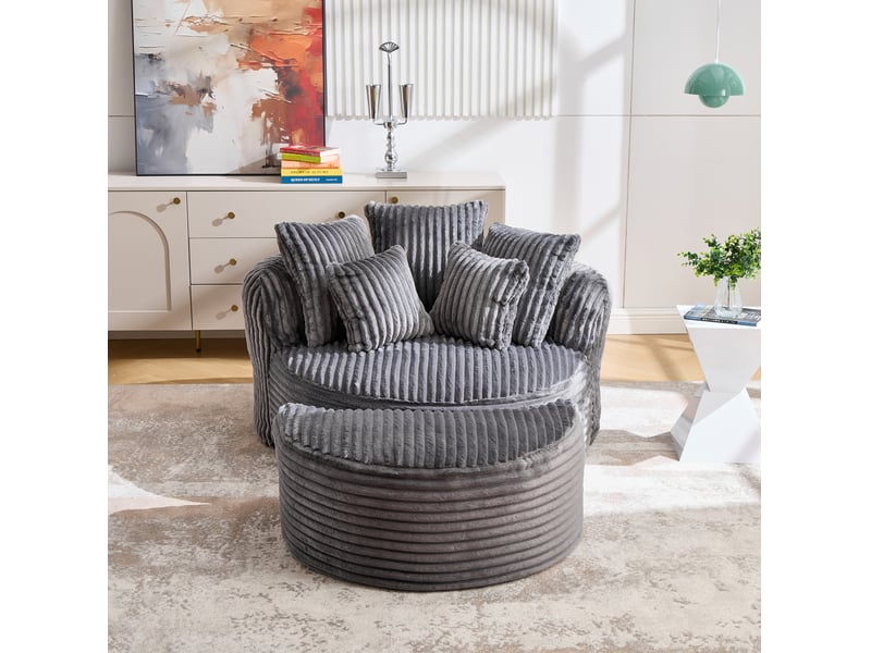 Fauteuil avec repose-pieds rond, dossier et accoudoirs de soutien, cinq coussins, en velours côtelé gris foncé - Conforama B