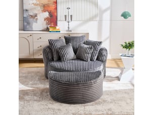 Fauteuil avec repose-pieds rond, dossier et accoudoirs de soutien, cinq coussins, en velours côtelé gris foncé
