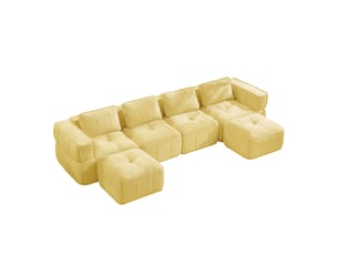 Canapé d'angle modulable 4 places en polyester, forme u avec 2 poufs, jaune