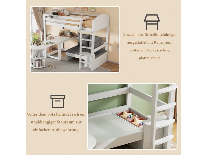  Lit mezzanine enfant 90x200 bois massif blanc avec bureau escamotable canapé et rangement  - Conforama D