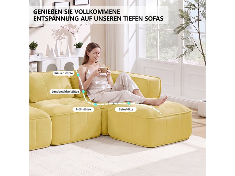 Canapé modulable, canapé 3 places, en tissu, jaune, avec pouf, pour salon, mobilier pour espace de vie, adapté à l'espace de vie - Conforama W