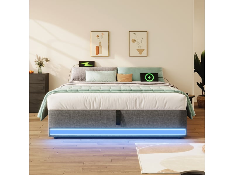 Lit capitonné 140*200cm, gris, sans matelas, led, usb type-c, rangement latéral, relevage hydraulique  - Conforama E