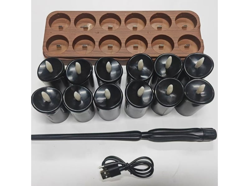 Lot de 12 bougies chauffe-plat led rechargeables sans flamme avec télécommande, minuterie et base de charge, décoration halloween, baguette magique, marron et noir - Conforama A