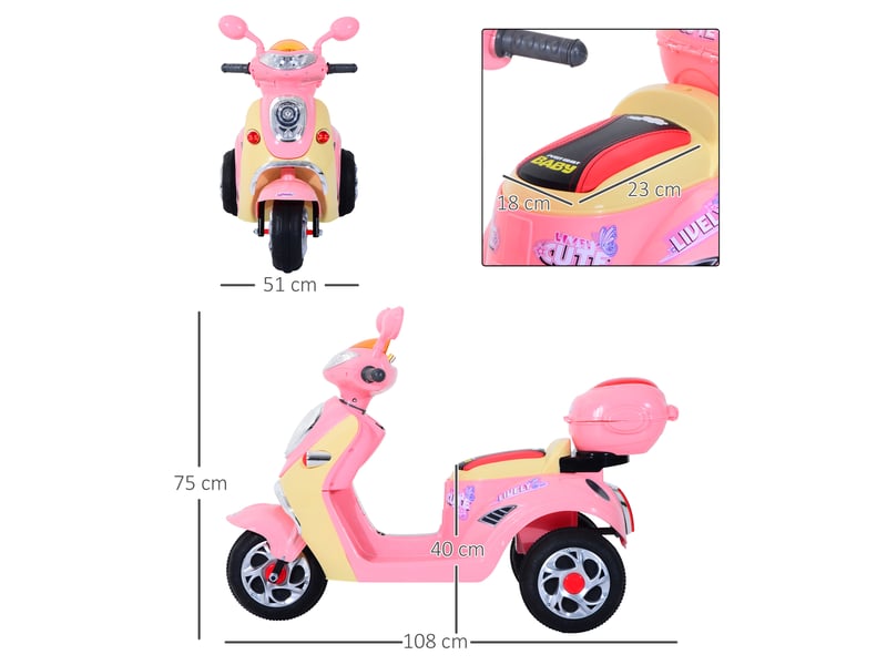  Moto électrique enfant, 6v, 3 kmh, 3-5 ans, lumièresmusique, 108x51x75 cm, rose.  - Conforama E