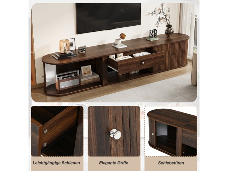 Meuble tv bas rond 180x40x40 cm – 2 portes coulissantes + tiroir, tv jusqu’à 75 pouces, finition noyer - Conforama E