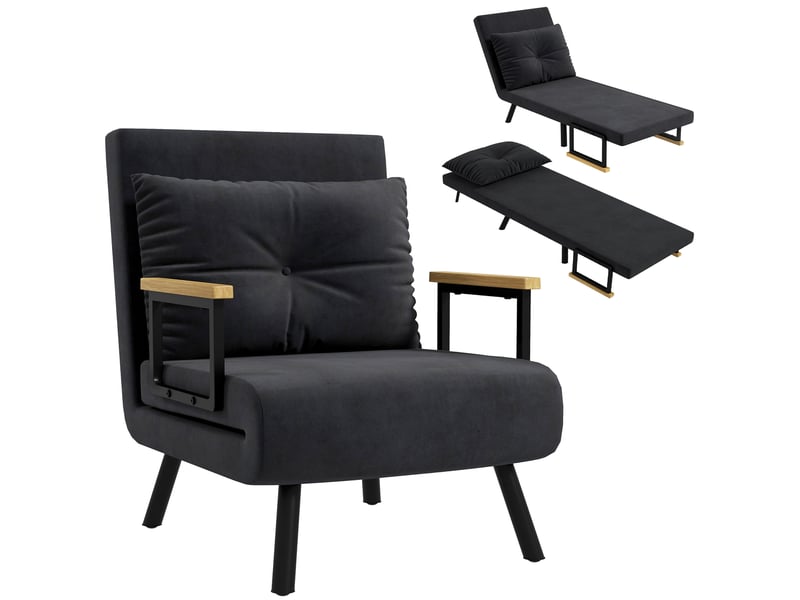  Fauteuil convertible 1 place en tissu effet velours avec accoudoirs noir 63x73x81 cm  - Conforama A