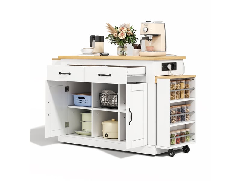  Îlot de cuisine mobile 142x55x93 cm - plans extractibles jusqu'à 340 cm - 9 roulettes (4 freinables) - prises 230v + usb - rangements multiples - structure mdf - blanc ABC - Conforama A