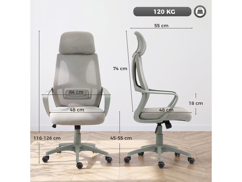  Chaise de bureau à bascule, réglable en hauteur, avec appui-tête et soutien lombaire, grise  - Conforama E
