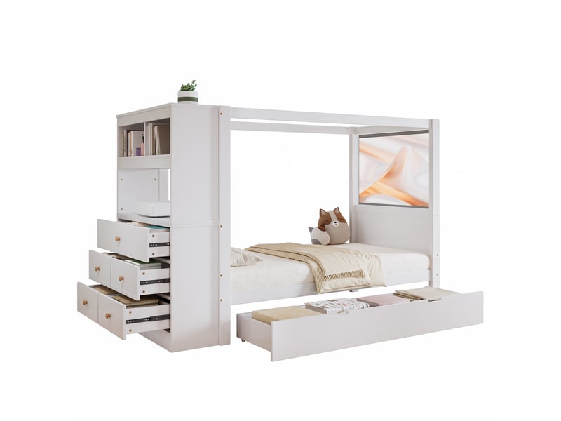  Lit enfant 90x200 cm avec meuble de rangement et 5 tiroirs, blanc et bois naturel  - Conforama A