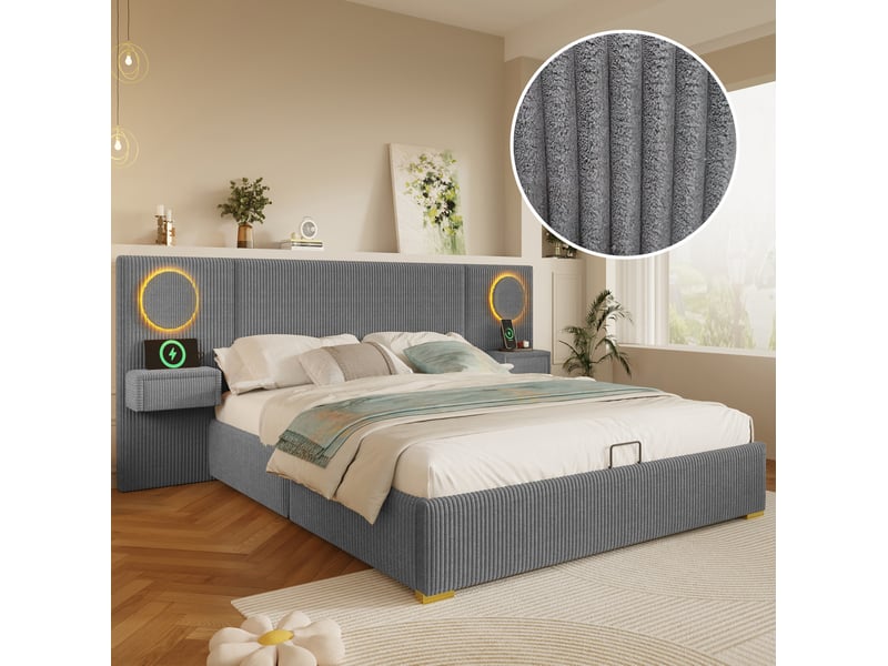 Lit 180 x 200 cm en velours gris avec tête de lit led, usb et rangement hydraulique - Conforama D